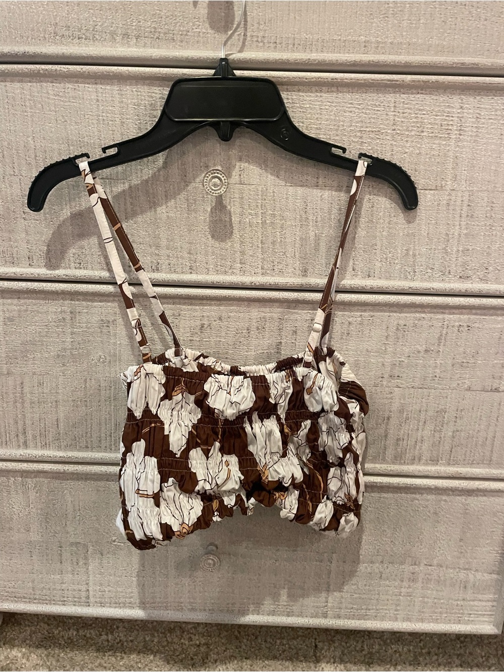 Brown and White Floral Smocked Crop Top